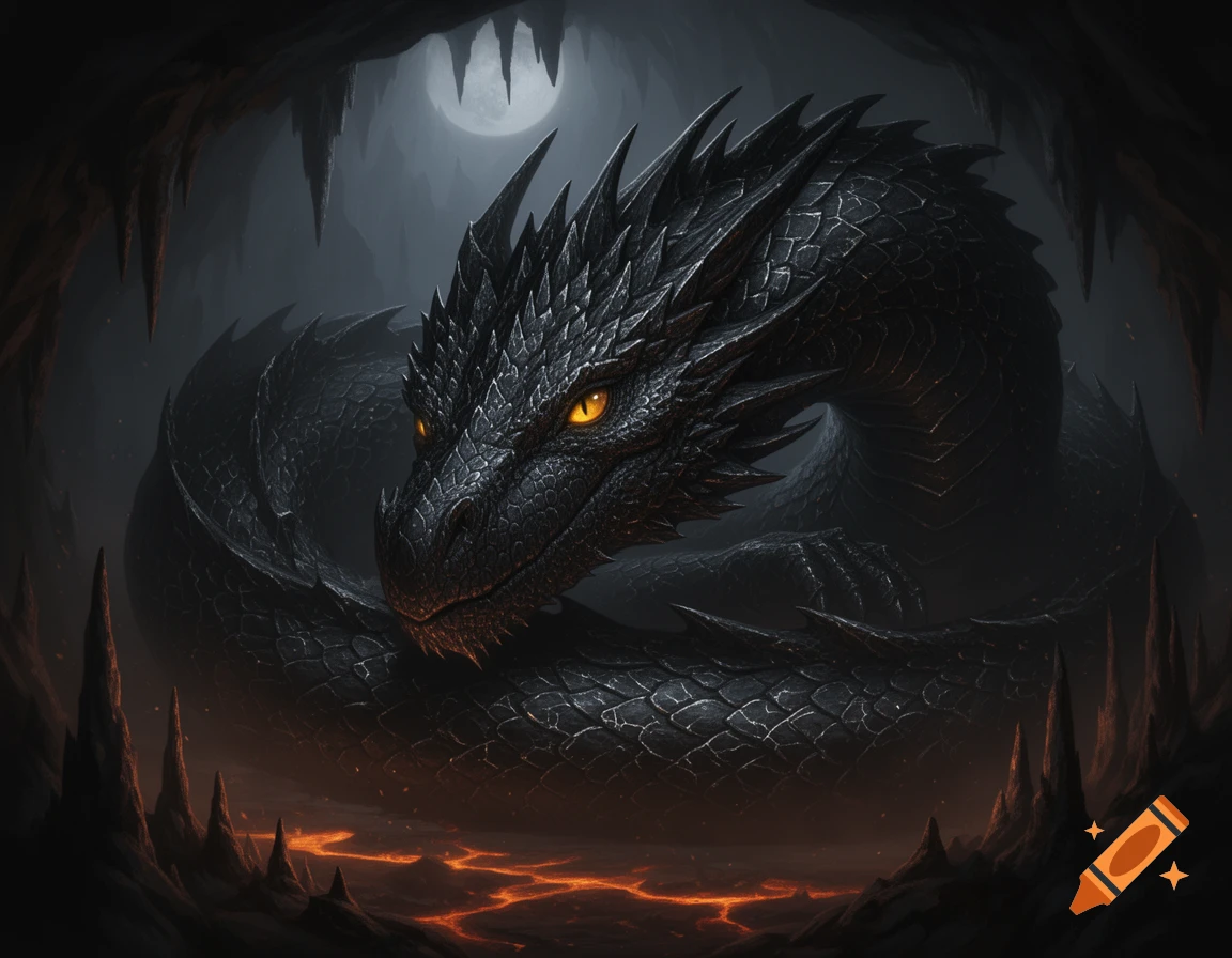 A black dragon with golden eyes coils in a dark cave over glowing lava, with a pale moon visible above.