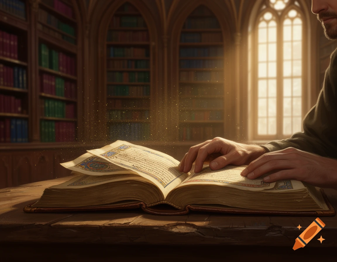Close-up of a man reading an open, illuminated manuscript on a wooden table in an old library, with golden dust floating.