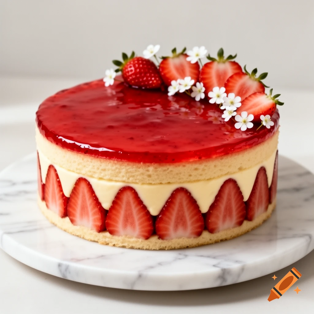 A photorealistic round Fraisier cake on a white marble board, topped with glossy red strawberry jelly, fresh strawberries, and small white flowers.