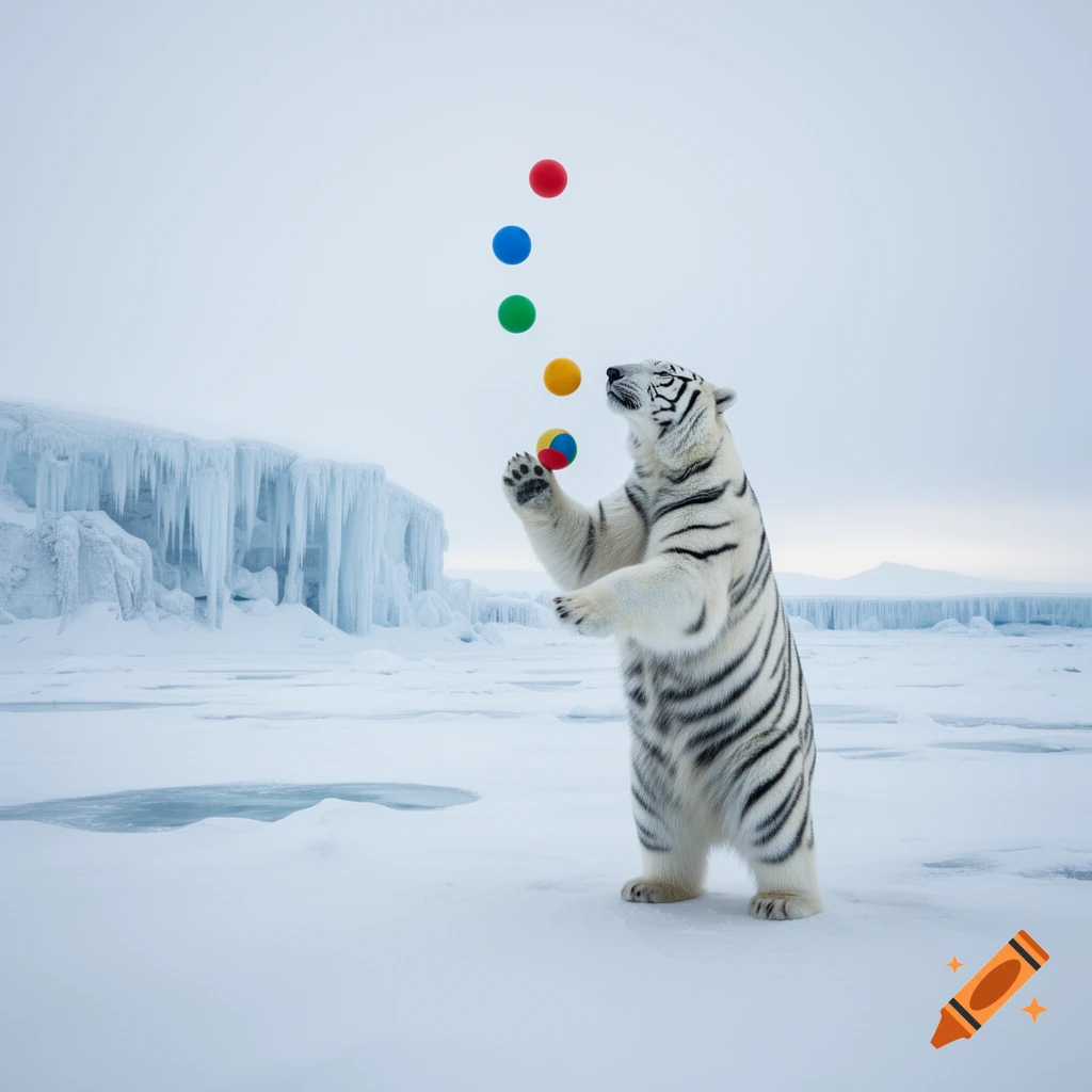 A photorealistic white tiger stands on an icy plain, juggling several colorful balls with ice formations in the background.