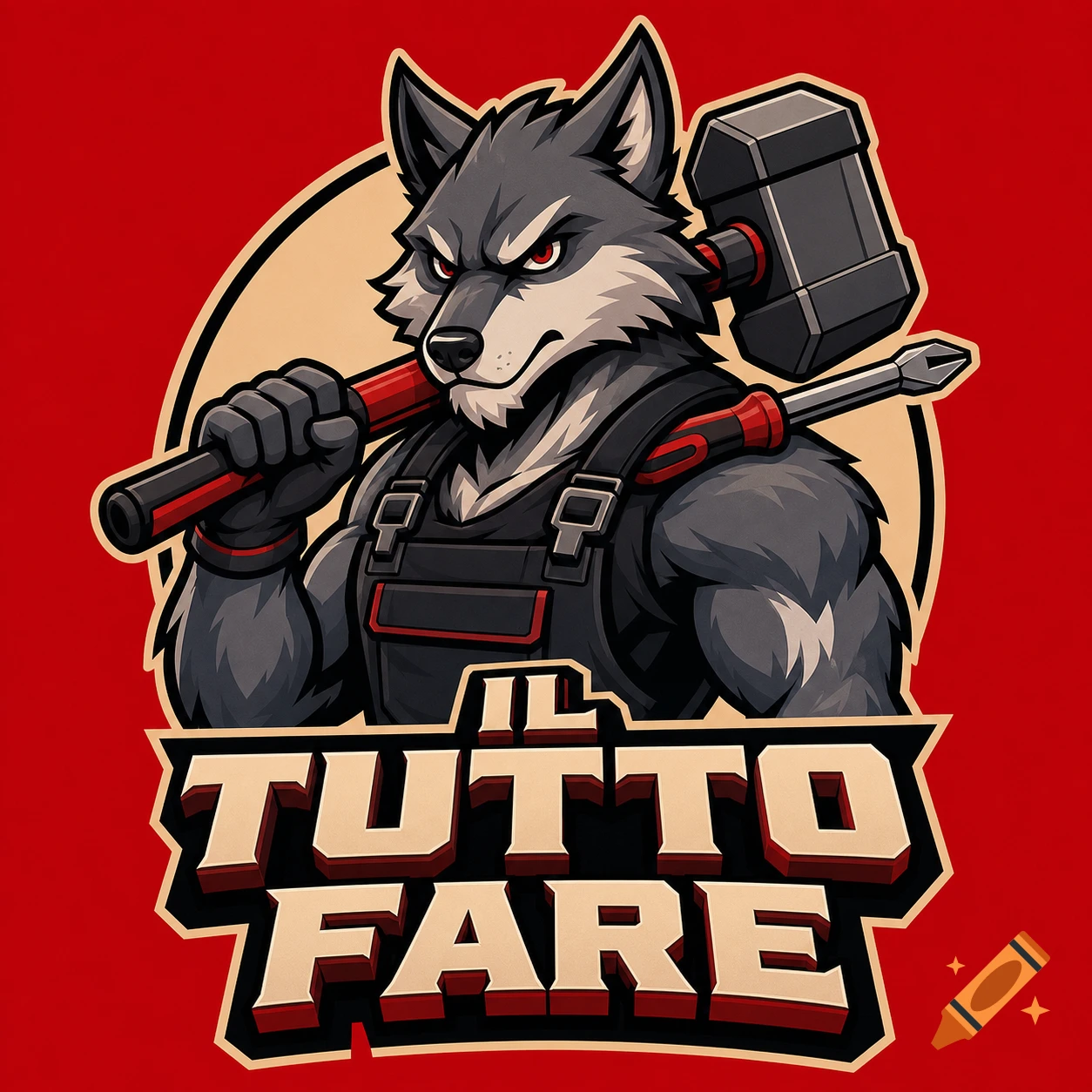Feisty gray wolf mascot in black overalls, holding a hammer and screwdriver, with 'IL TUTTO FARE' text on a red background.
