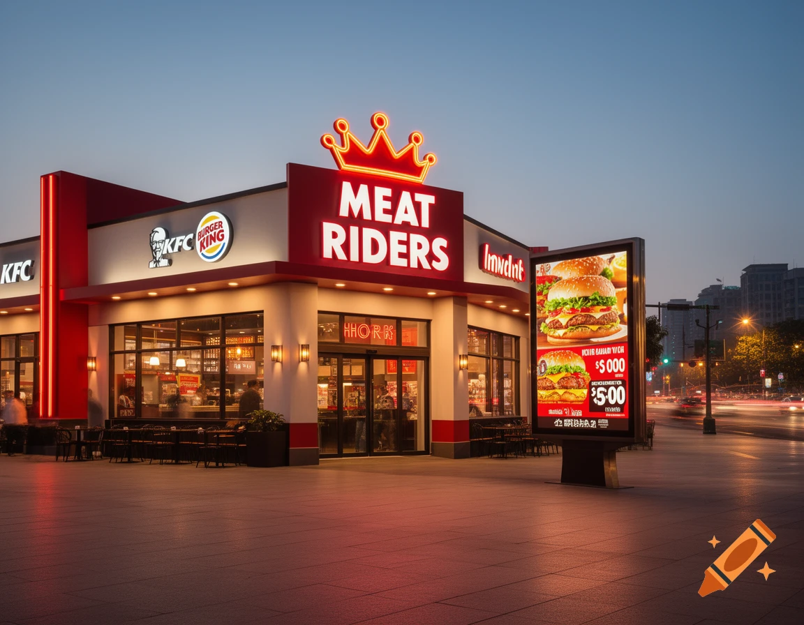 A new style American fast-food restaurant at dusk, designed to look like a combination of KFC and Burger King, with a prominent "MEAT RIDERS" sign and a digital billboard displaying burgers and prices.