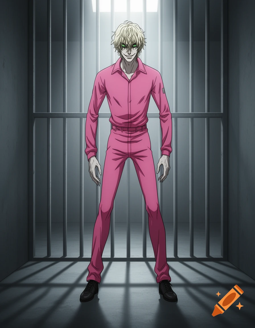 An anime villain with blonde hair, green eyes, and lanky proportions, wearing a pink prisoner jumpsuit in a prison cell.