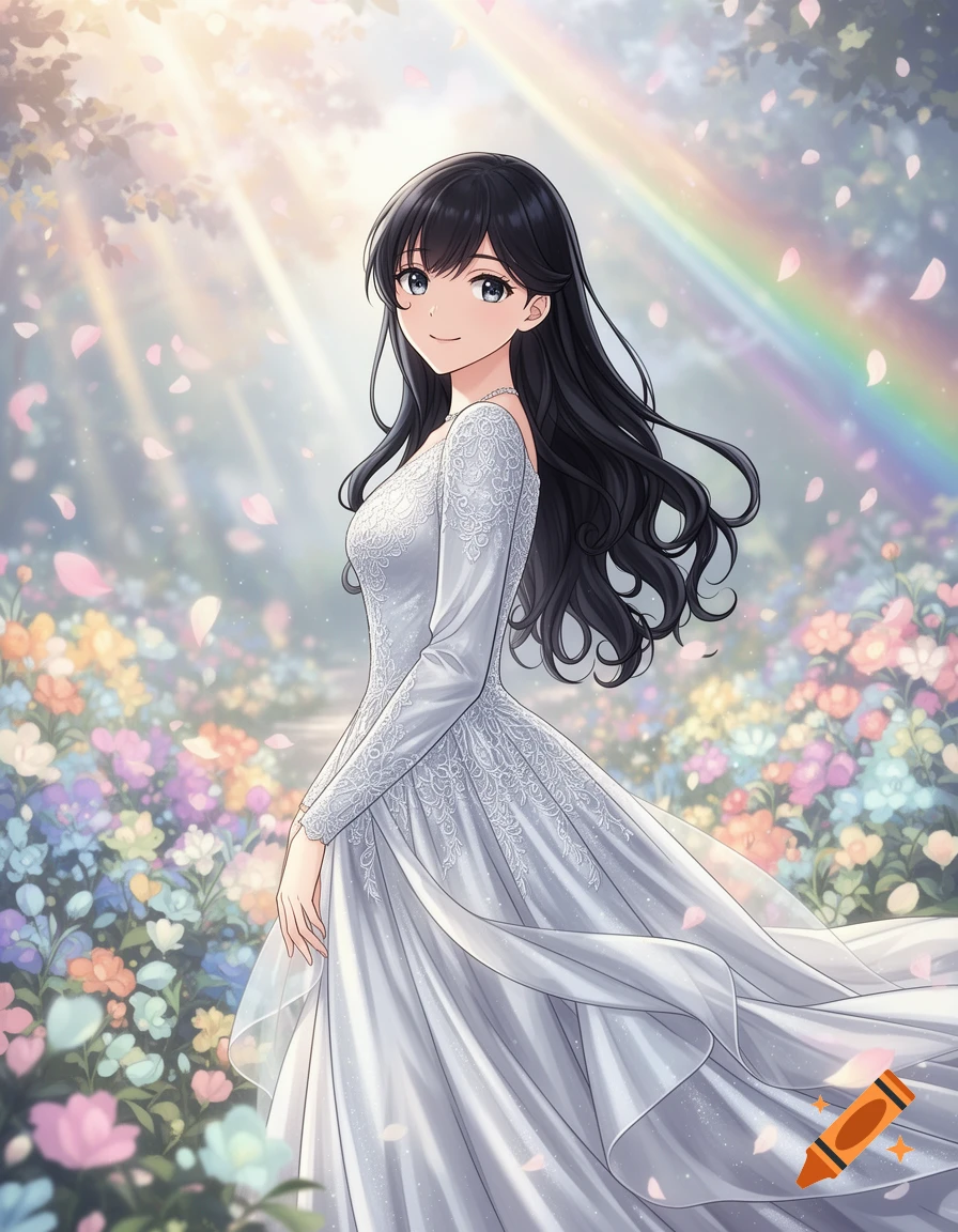 An anime woman in a flowing white wedding dress smiles over her shoulder in a vibrant, sunlit garden with colorful flowers and a rainbow.