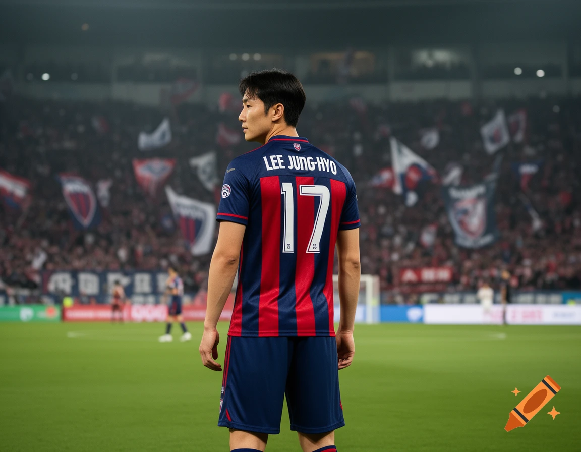 A soccer player, Lee Jung-hyo, in a blue and red striped jersey with number 17, stands on a green field in a stadium.