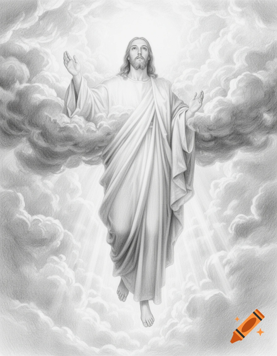 Pencil drawing of Jesus ascending through clouds, looking upwards with arms outstretched, light rays shining down.