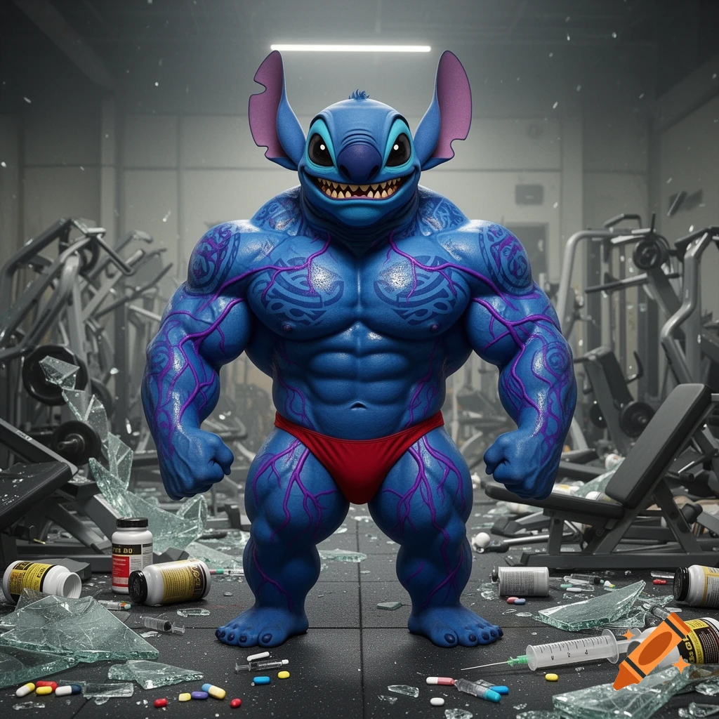 Massive, muscular Stitch in a red posing thong, covered in purple veins and Polynesian tattoos, stands in a destroyed gym with broken equipment and scattered pills and syringes.