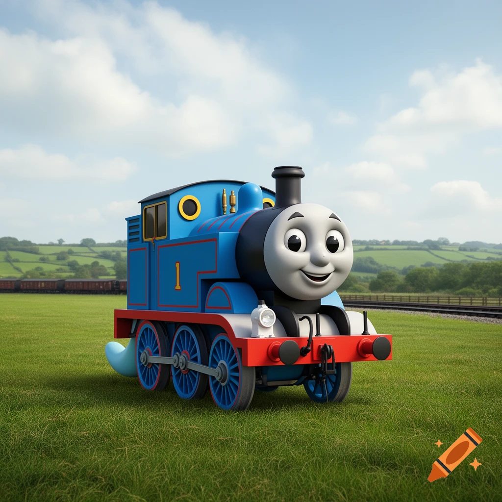 A smiling blue Thomas the Tank Engine stands in a green field under a blue sky with clouds.