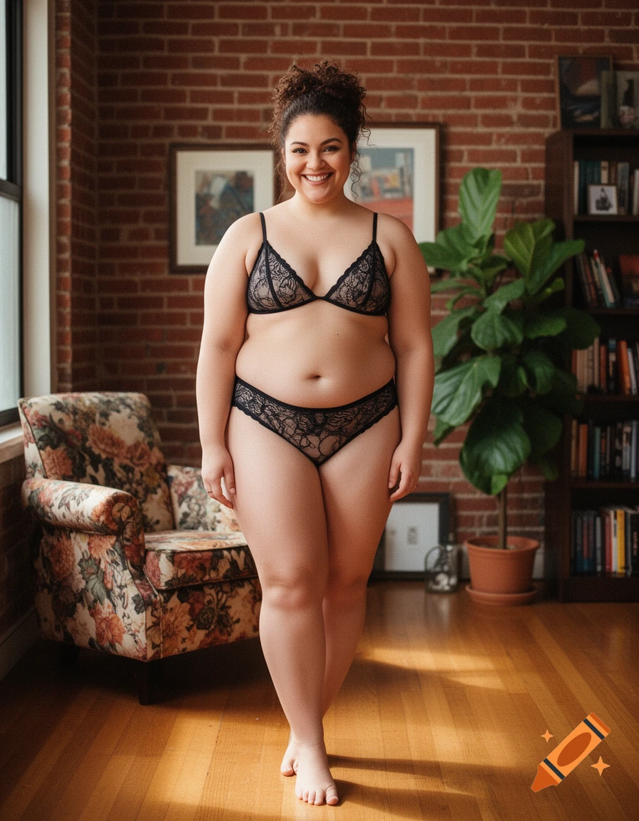 Smiling plus-size woman in black lace lingerie standing in a loft apartment with a brick wall and floral armchair.