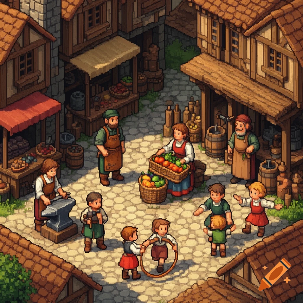 An isometric pixel art depiction of a bustling medieval town square with civilians, including merchants and children playing.