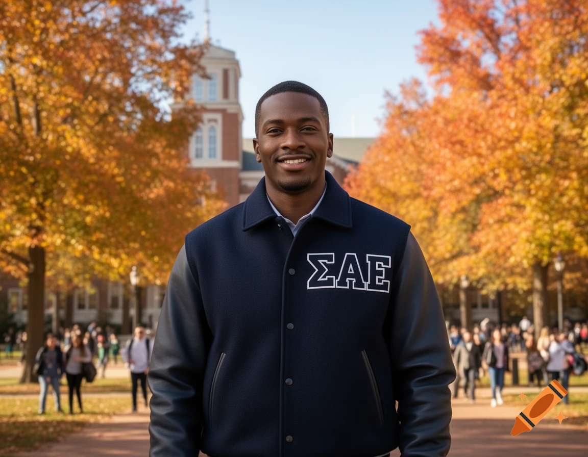 Smiling African American man in a dark letterman jacket with A on it, standing on an autumn college campus.