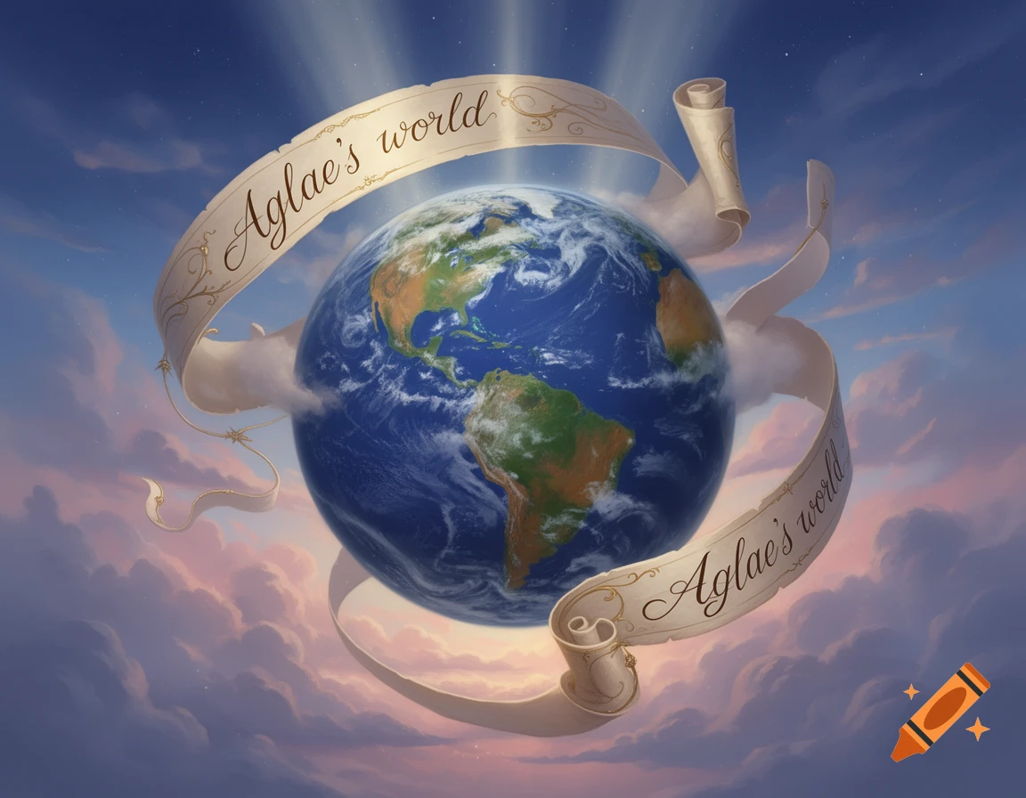 An illustrated globe of Earth with a banner reading 'Aglae's world' floating in a cloudy sky.