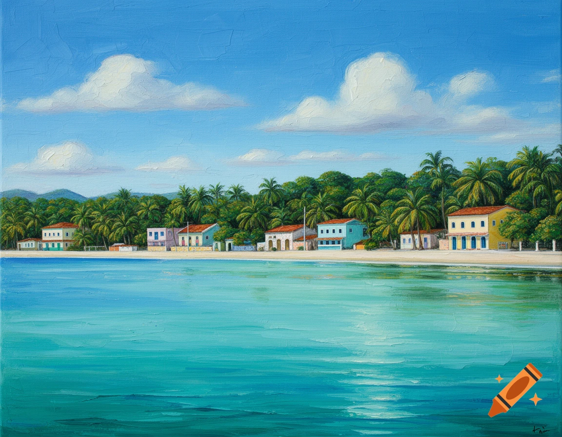Vibrant painting of a tropical coastal town with pastel houses, palm trees, and turquoise water under a blue sky.