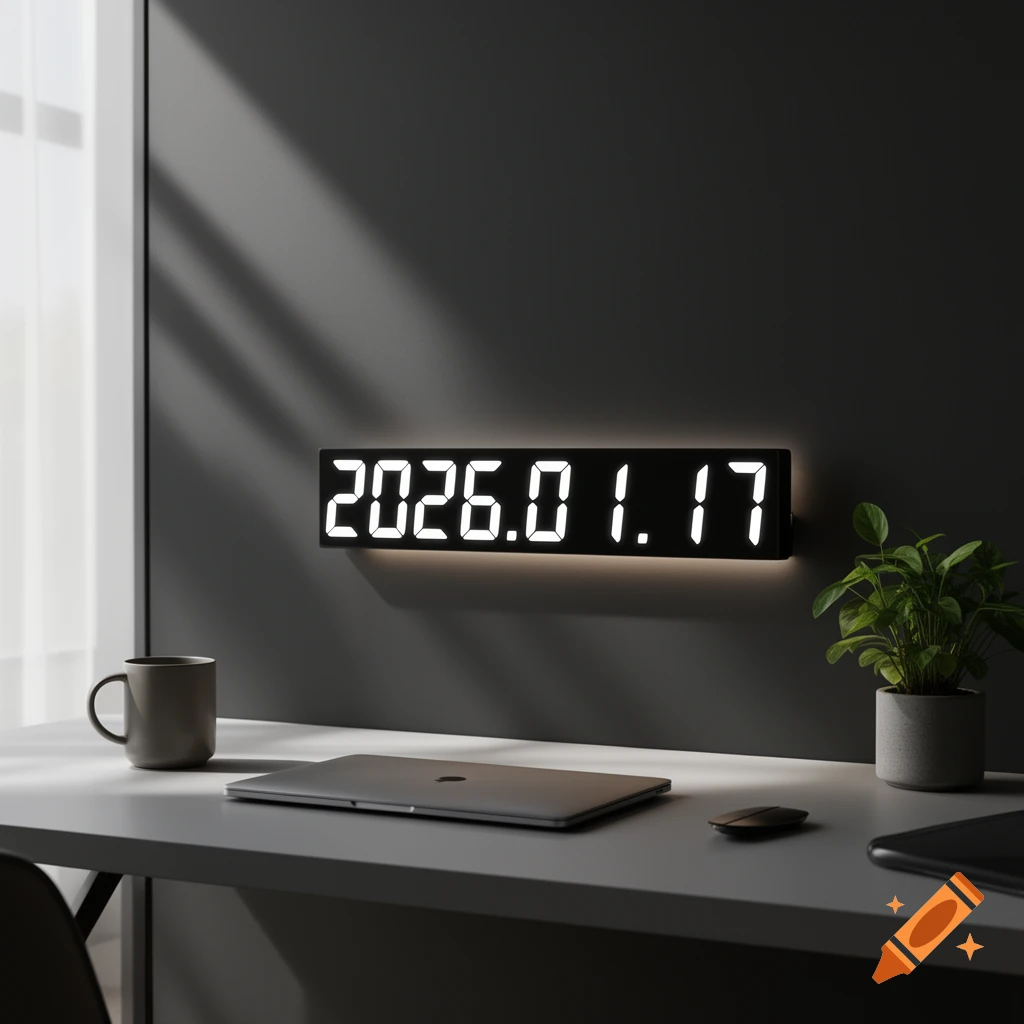 Modern desk with a digital clock showing '2026.01.17', a laptop, mug, and plant on a light surface against a dark wall.