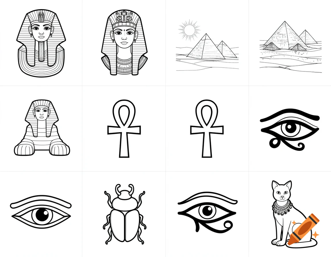 Black and white line art of various ancient Egyptian symbols and figures, including masks, pyramids, a sphinx, ankhs, Eyes of Horus, a scarab beetle, and a cat.