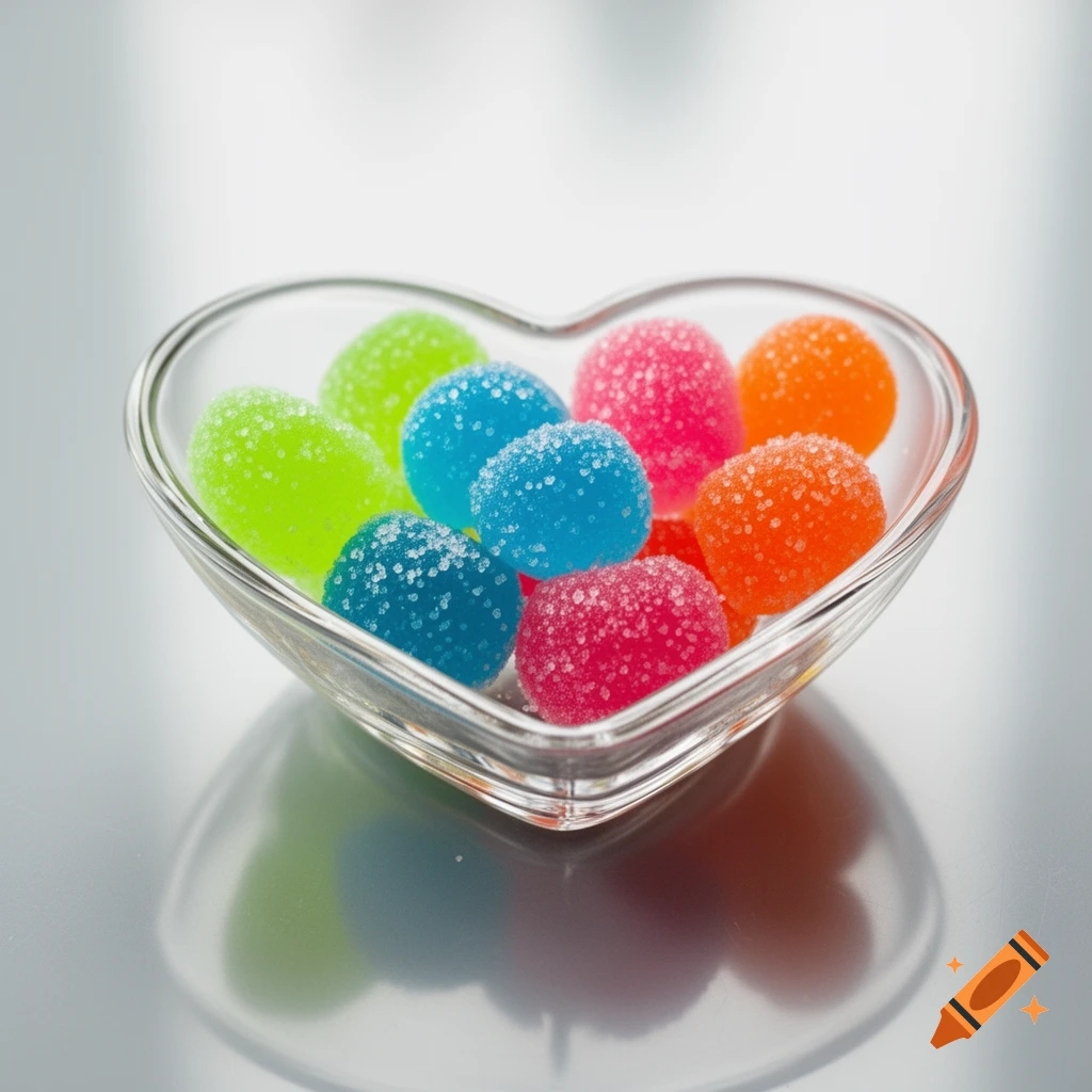 Colorful, sugar-coated gummy candies in green, blue, pink, and orange fill a clear heart-shaped bowl on a reflective surface.