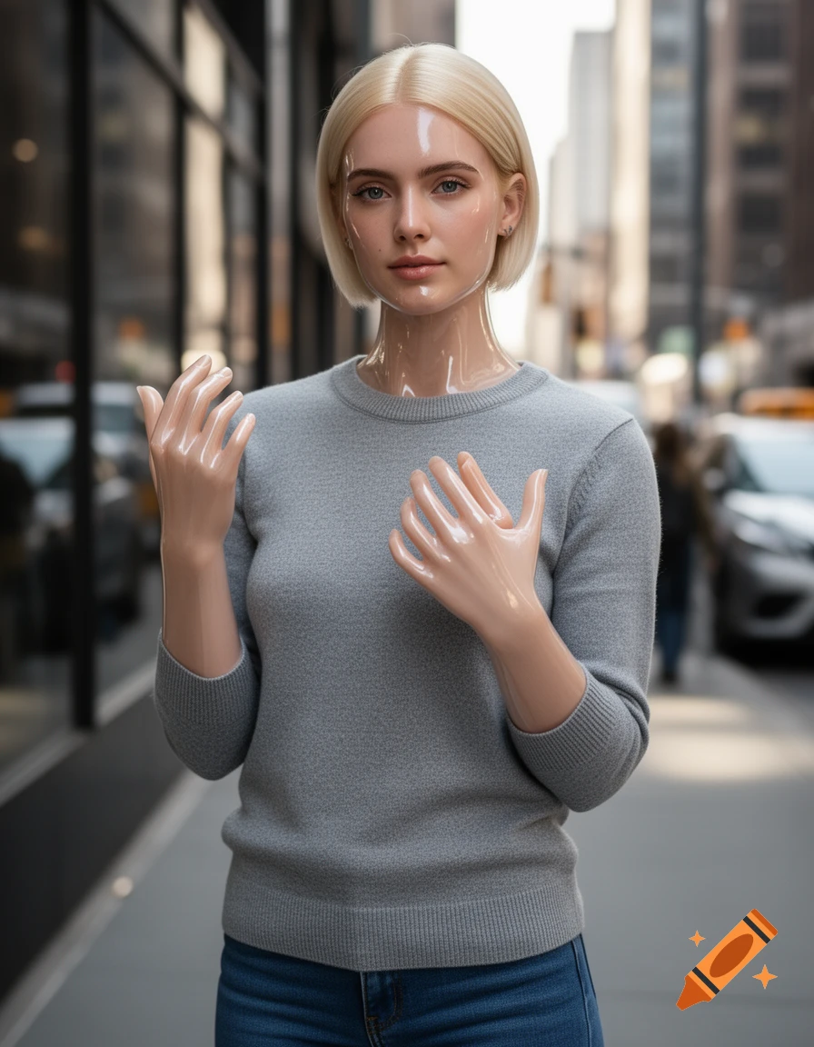 A young blonde woman with shiny, translucent plastic-like skin on her face, neck, and hands stands on an urban sidewalk.