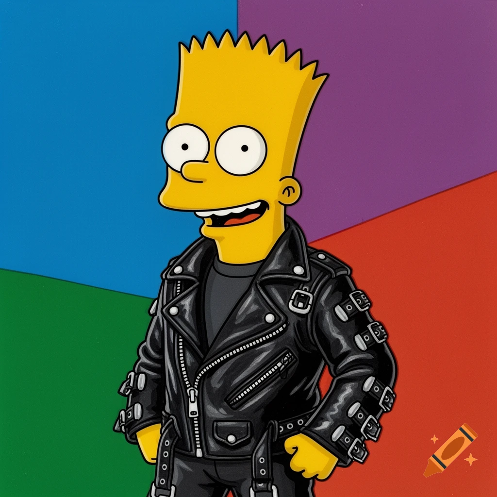 2D animation cel of Bart Simpson smiling, wearing a black leather motorcycle jacket with silver buckles and straps against a colorful background.