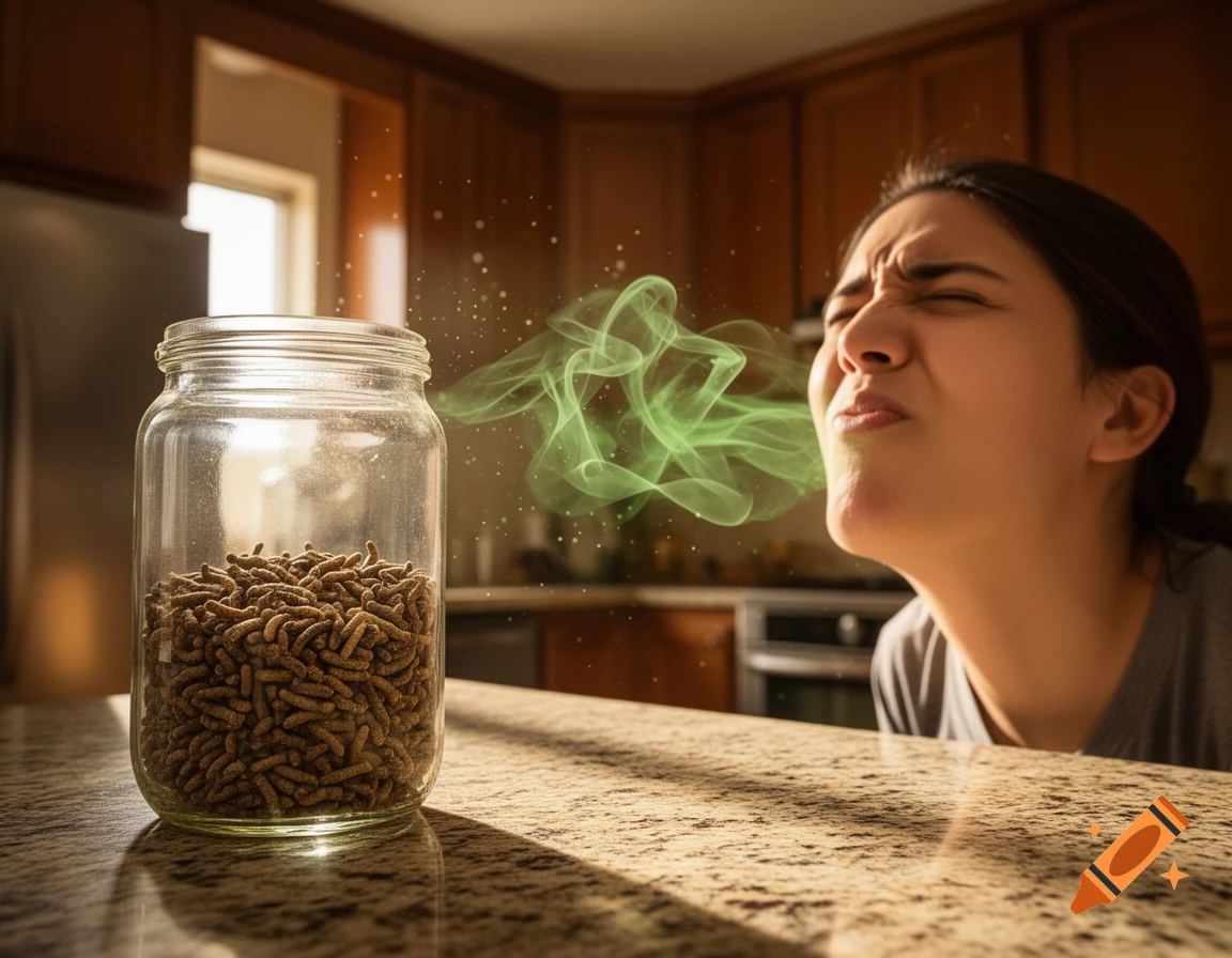 A person in a kitchen recoils in disgust from green smoke emanating from a jar of brown pellets on the counter.