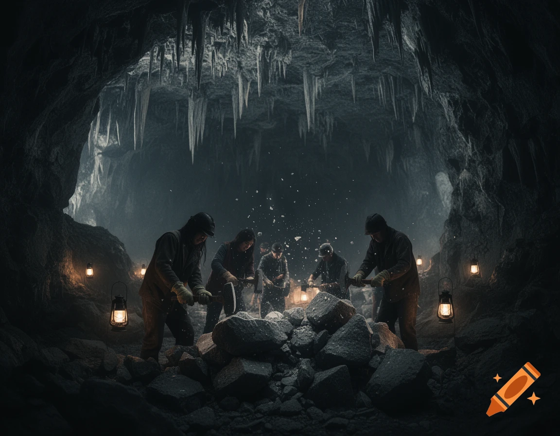 Photorealistic image of miners breaking rocks in a dark, icy cave, lit by lanterns.
