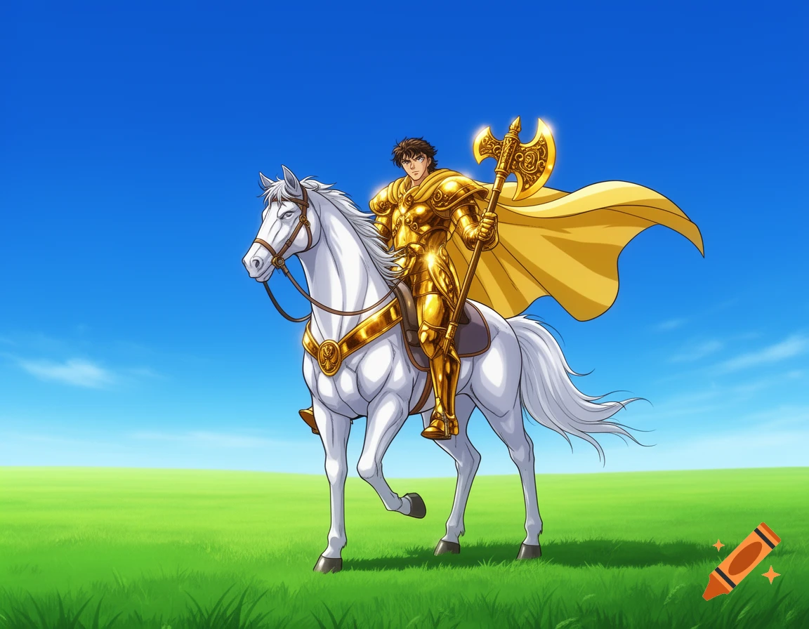 Anime gloss style image of a man in golden armor with a yellow cape and a gold axe, riding a white horse on green land under a blue sky.