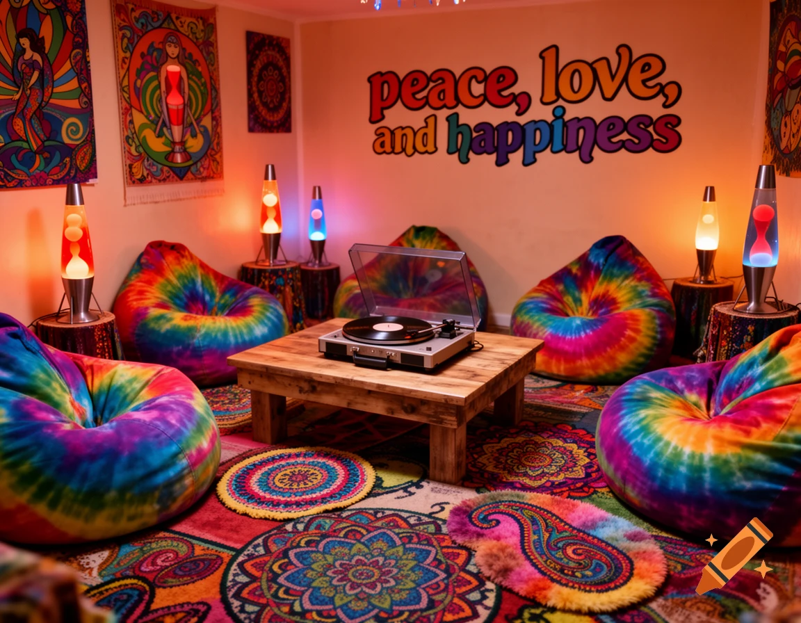 A colorful hippie lounge room with tie-dye beanbag chairs, lava lamps, a record player on a wooden table, and 'peace, love, and happiness' on the wall.