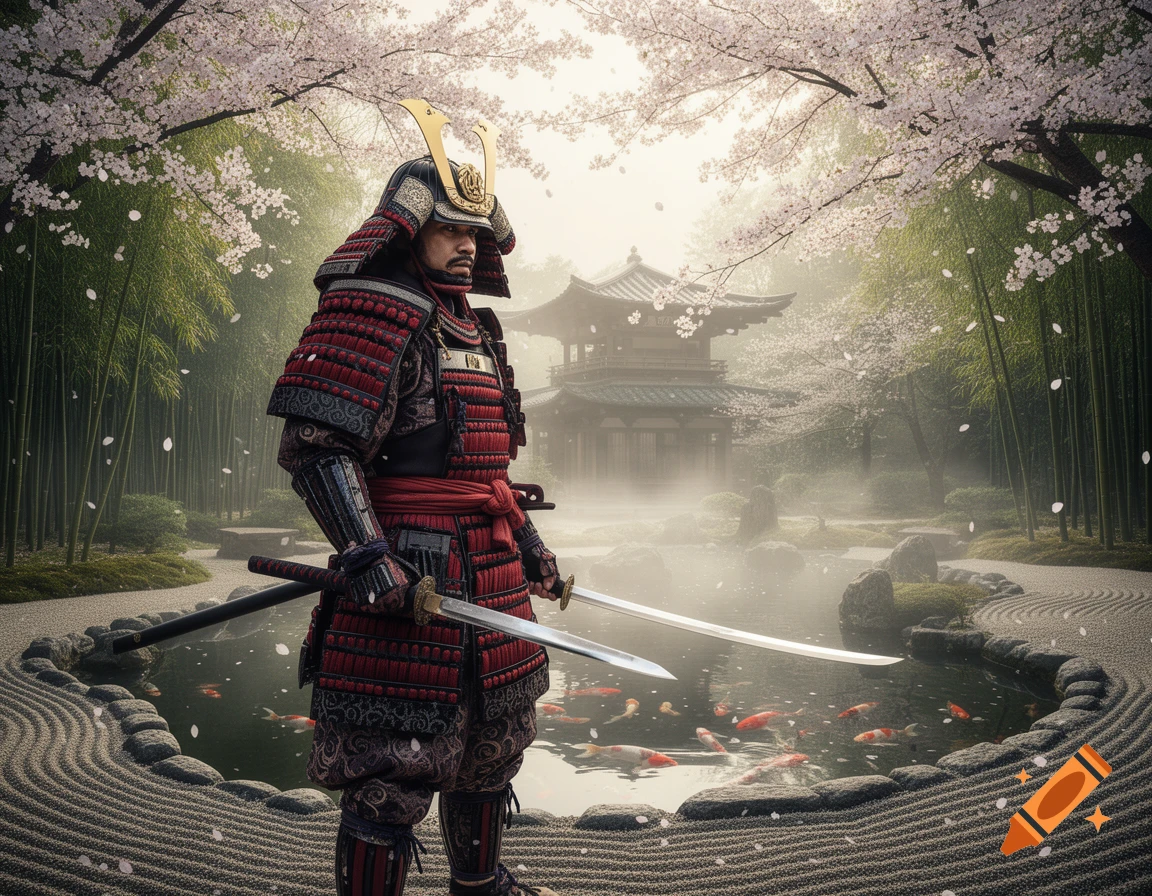 A samurai warrior in red and black armor stands with katanas in a misty Japanese garden with cherry blossoms, a koi pond, and a temple.