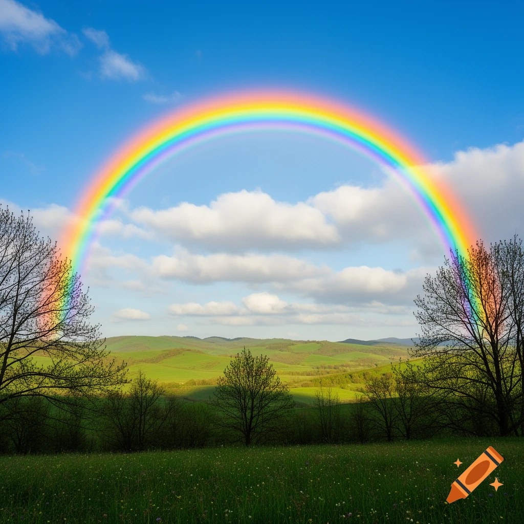 A vibrant rainbow arcs over a lush green landscape with rolling hills and trees under a blue sky with white clouds, photorealistic.