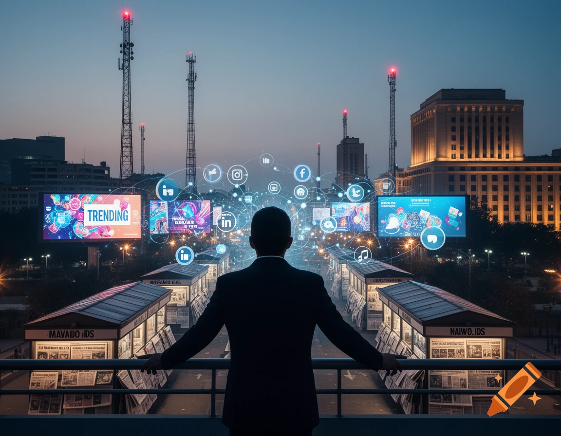 Person from behind overlooks a city skyline with glowing billboards, social media icons, and communication towers at dusk.