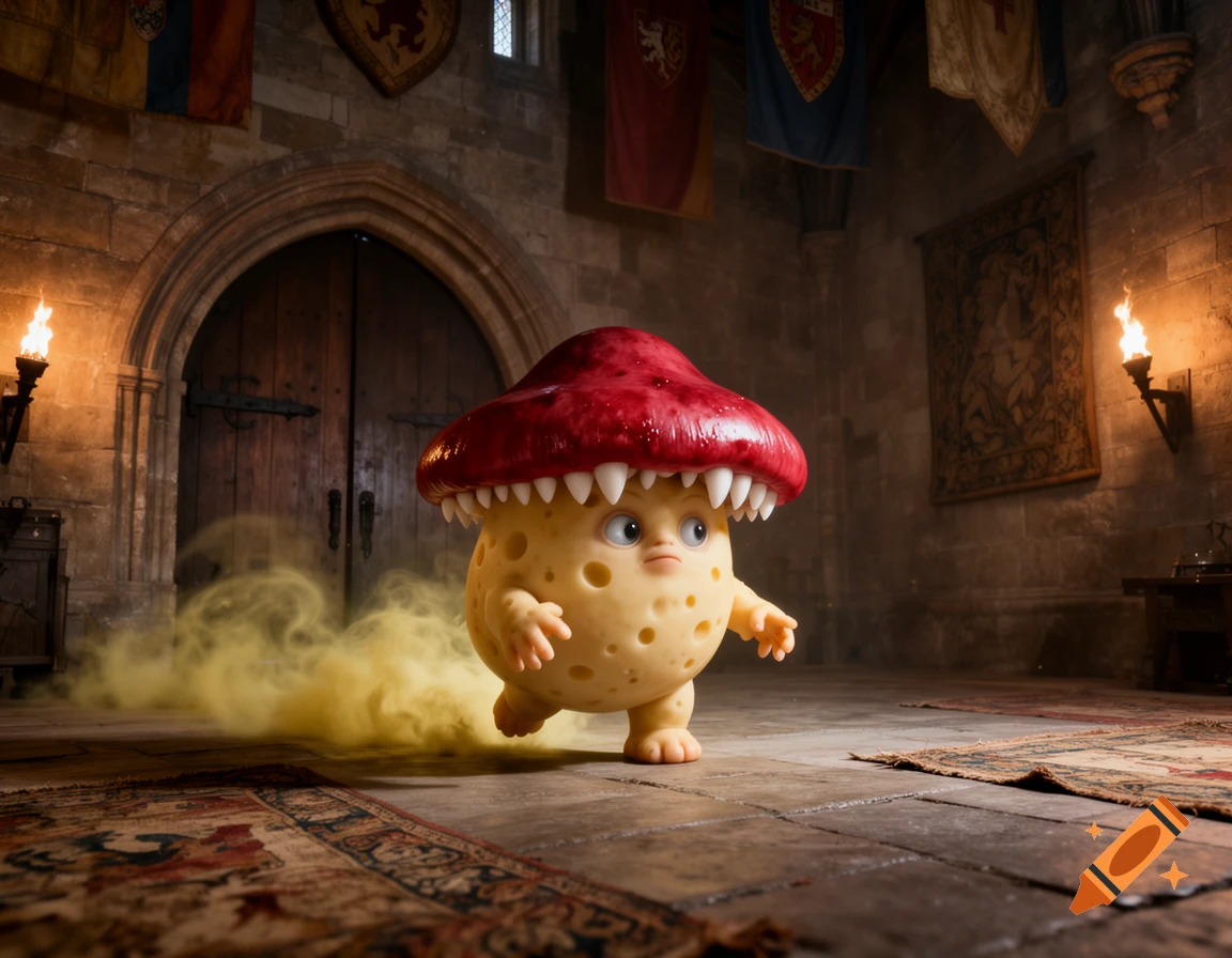 A cartoon mushroom creature with a red cap and teeth shuffles through a dimly lit castle hall, emitting a yellow cloud.