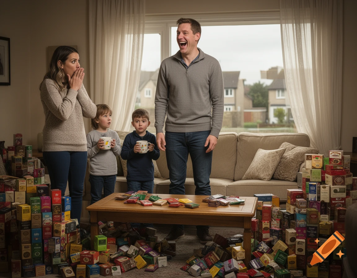 A man in a living room laughs excitedly while his wife looks shocked, and two children hold mugs. They are surrounded by countless boxes of tea bags piled everywhere.