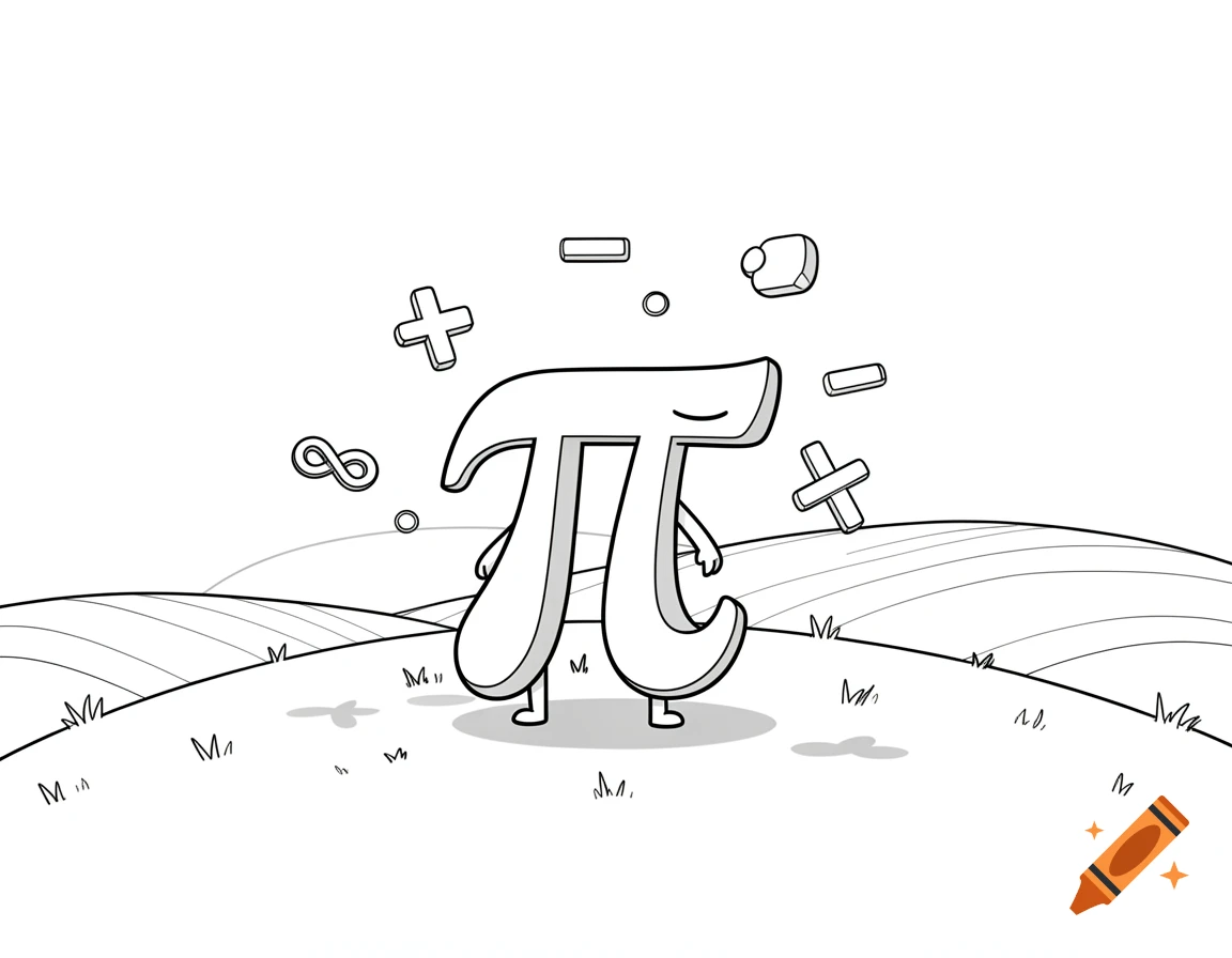 A simple line drawing cartoon features a smiling Pi character with arms and legs standing on rolling hills, surrounded by floating math symbols.
