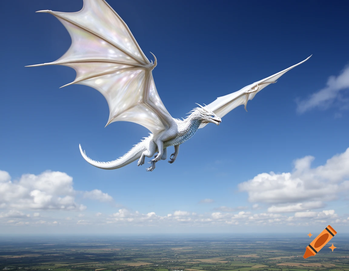 A majestic white dragon with iridescent wings soars through a clear blue sky over a vast green and brown landscape.