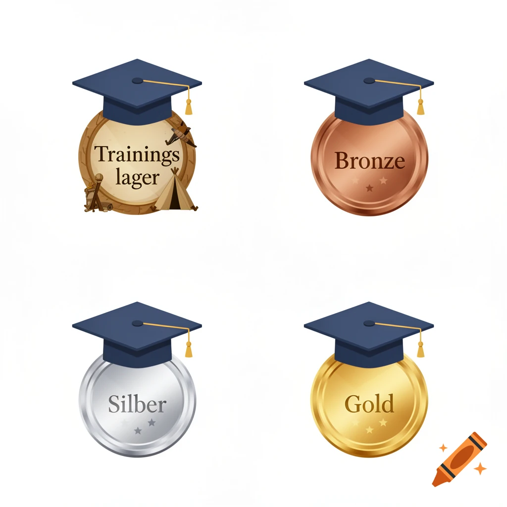 Four icons showing a blue graduation cap atop different medals: a wooden one for 'Trainingslager', a bronze one, a silver one, and a gold one, each with corresponding text.