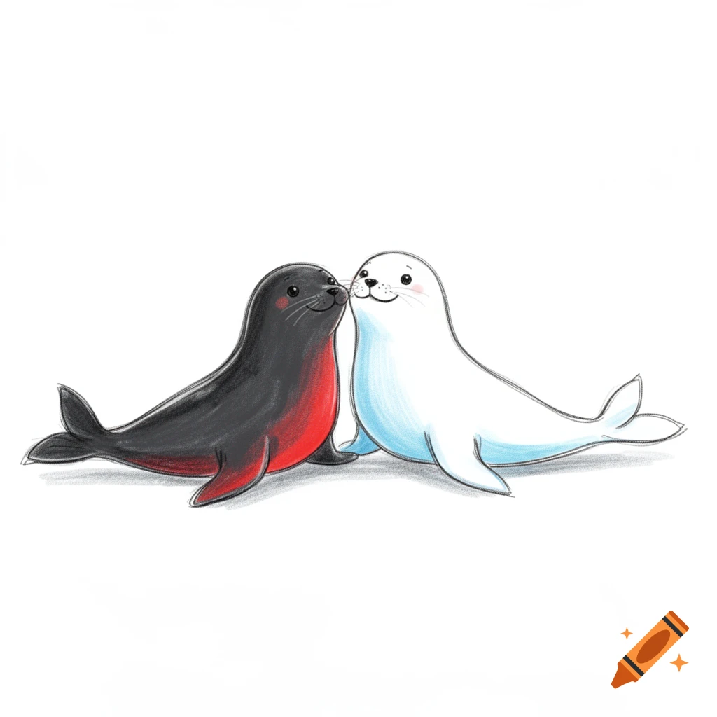 A cute doodle of two seals, one black and red, the other white and blue, nuzzling each other.