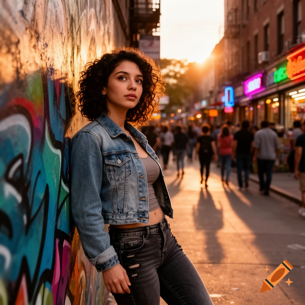 Young woman with curly hair leaning against a vibrant graffiti wall on a city street at golden hour.
