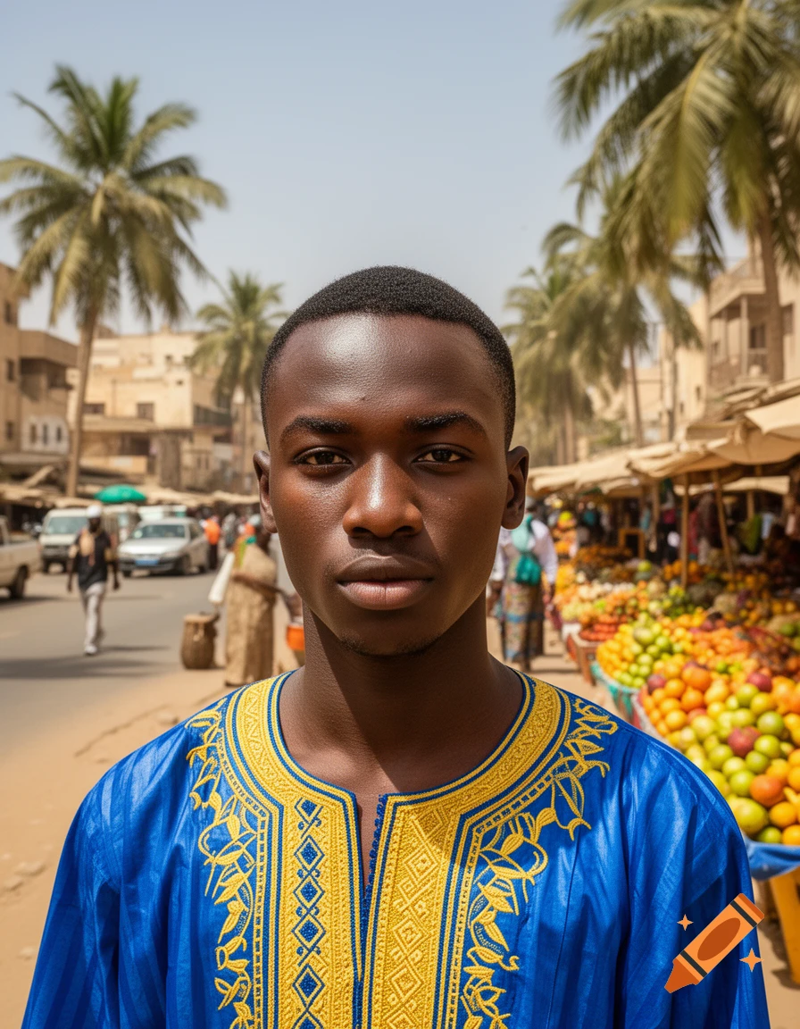 A young Black man in a blue and gold embroidered shirt stands in a busy outdoor market street with palm trees and fruit stalls.
