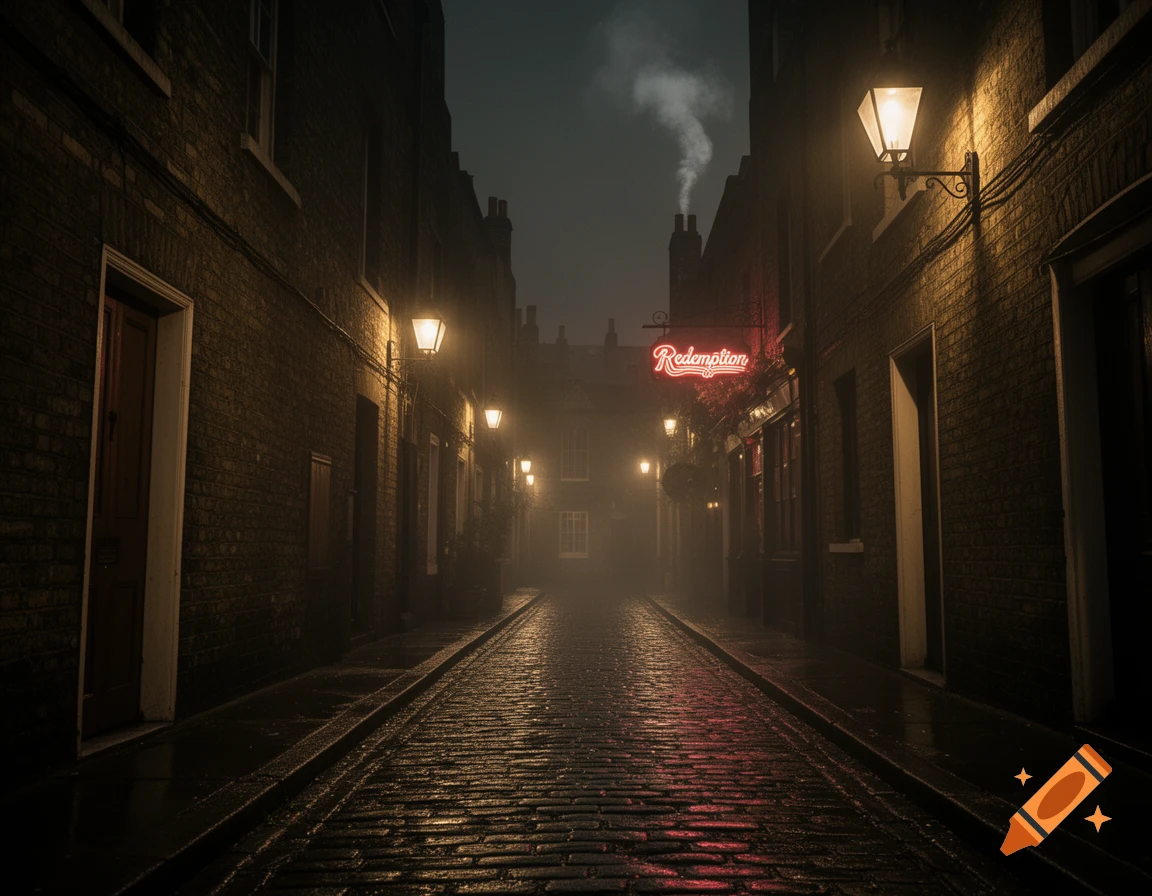 A foggy, wet cobblestone alley at night in a London-style city, illuminated by street lamps and a glowing red 'Redemption' neon sign.