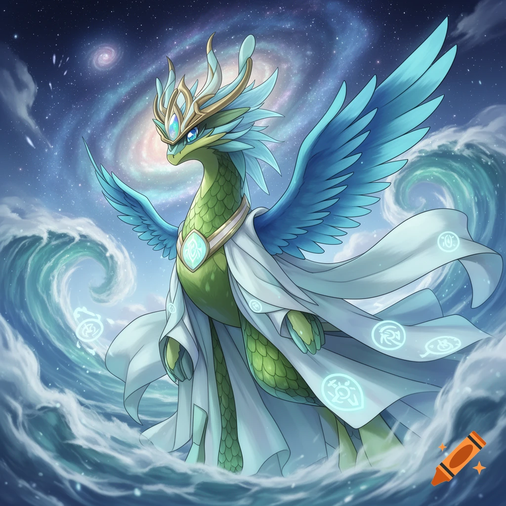 A majestic green and blue dragon-like creature with wings and a white robe stands in swirling water under a cosmic galaxy sky in an anime style.
