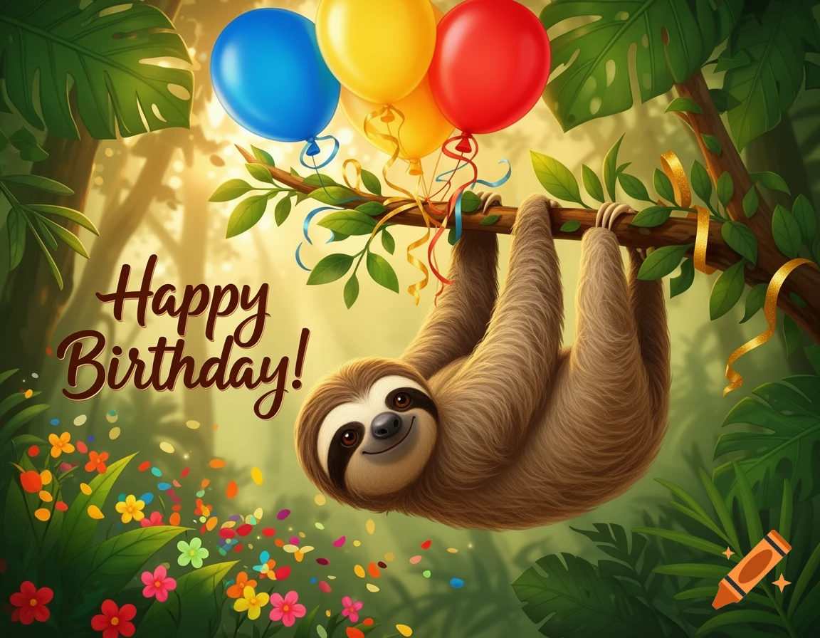 A cartoon sloth hangs upside down from a branch in a vibrant jungle, surrounded by colorful balloons, falling confetti, and the text "Happy Birthday!"