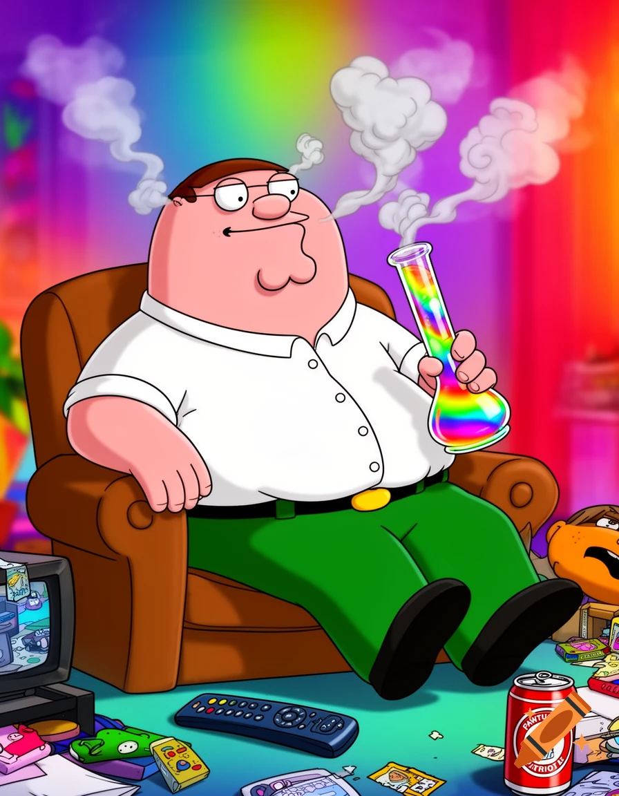 Peter Griffin from Family Guy sits in an armchair, smoking a rainbow bong in a colorful, psychedelic room.