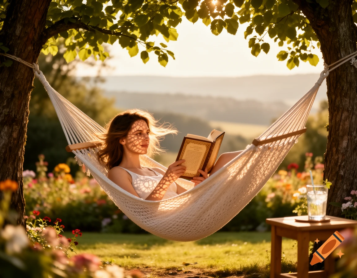 Woman reading a book in a hammock under a leafy tree in a sunny, blooming garden, with sunlight dappling her face.