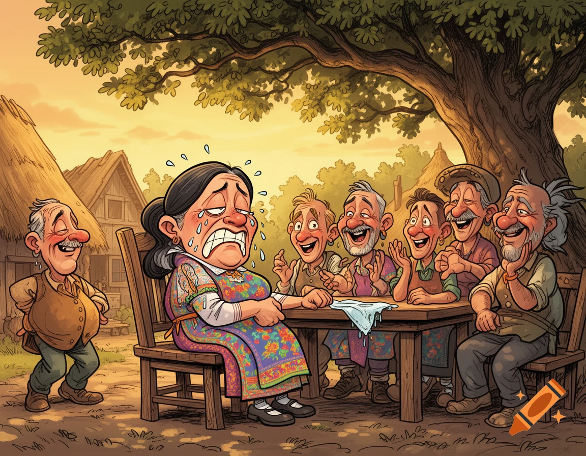 A humorous comic style illustration of a crying village woman at a table, surrounded by laughing men in a rural setting.