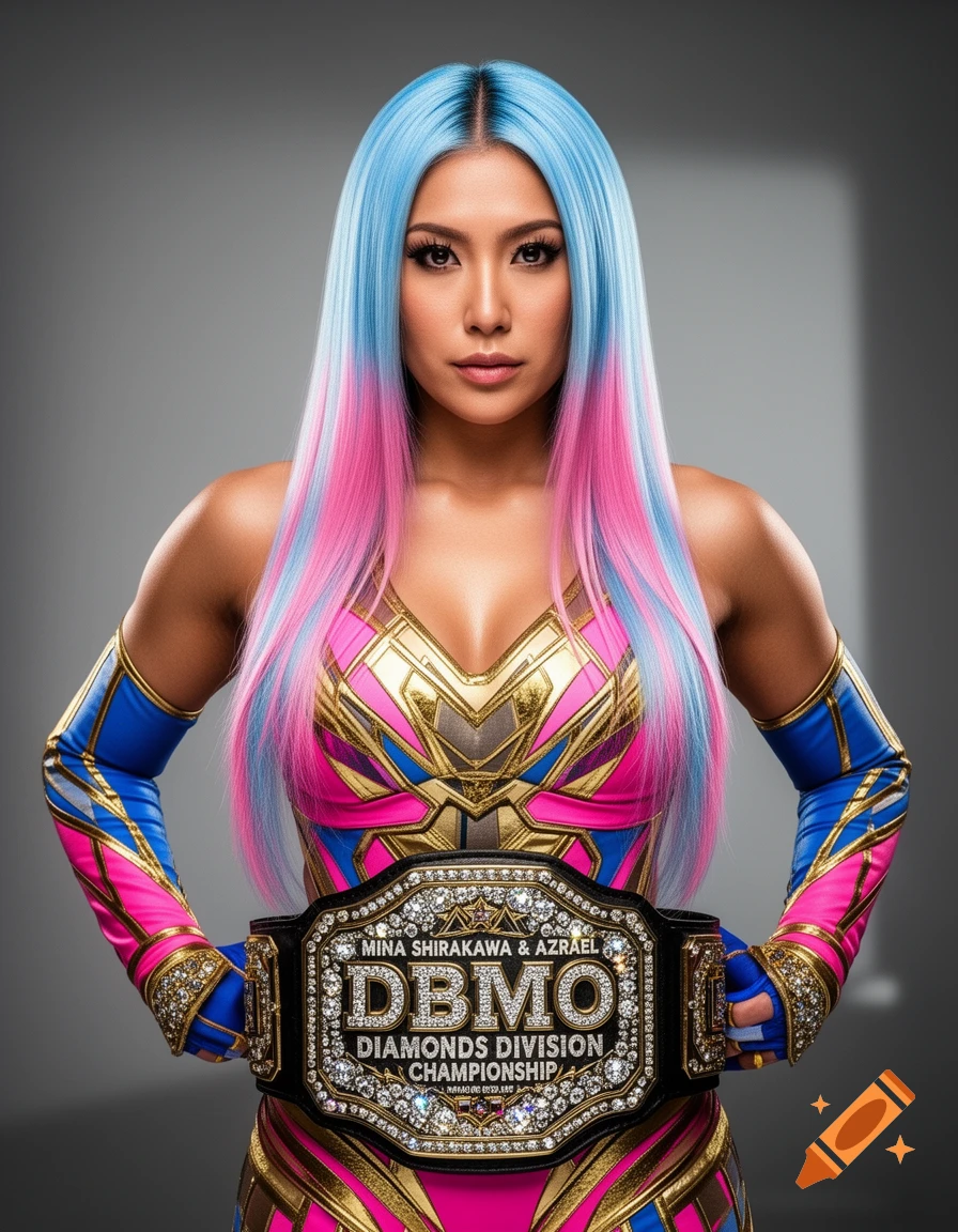 A woman with vibrant blue and pink hair, wearing a detailed pink, blue, and gold wrestling outfit, holding a championship belt. Photorealistic.