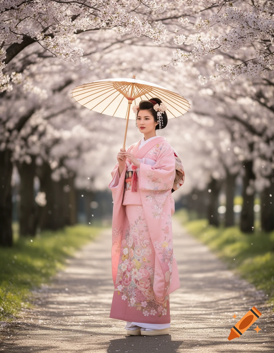 A woman in a pink kimono holding a parasol walks along a path under blooming cherry blossom trees.