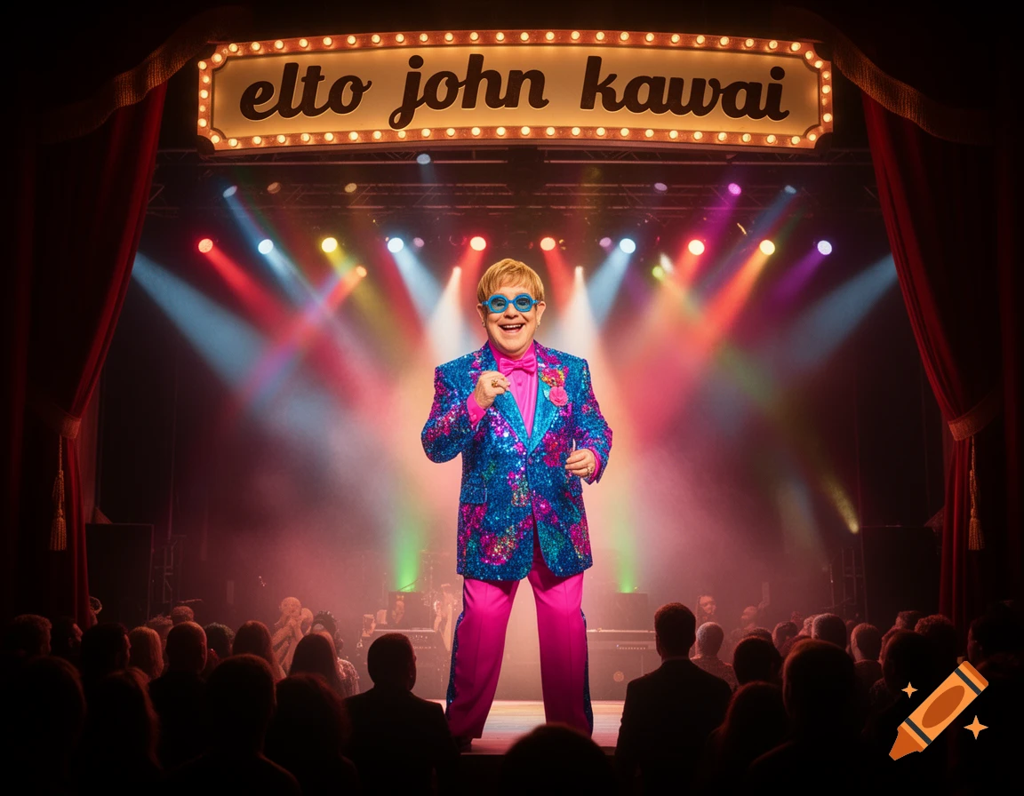 Elton John-like figure in a sparkly suit performs on a brightly lit stage to an audience, smiling.