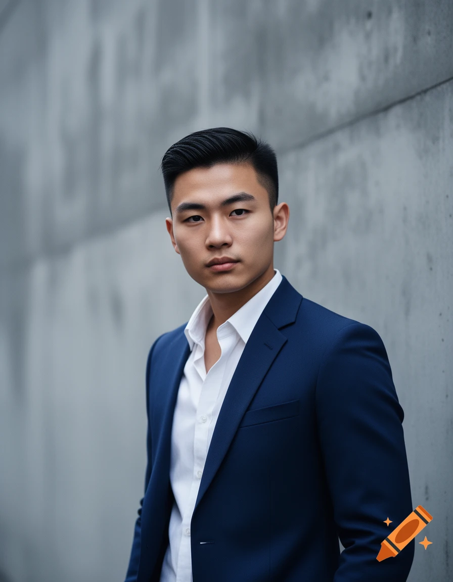 A young Asian man in a dark blue suit and white shirt stands against a concrete wall, looking directly at the viewer.