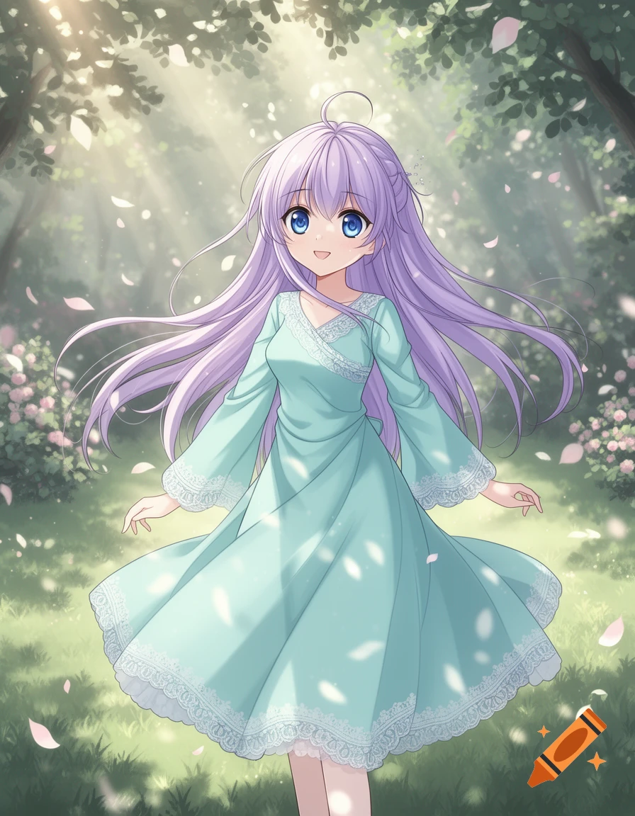 A smiling anime girl with long purple hair and big blue eyes, wearing a light blue dress, stands in a sunlit forest with falling petals.