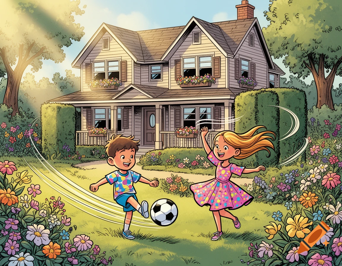 Comic illustration of a boy and girl playing soccer in a sunny, flower-filled garden in front of a charming house.