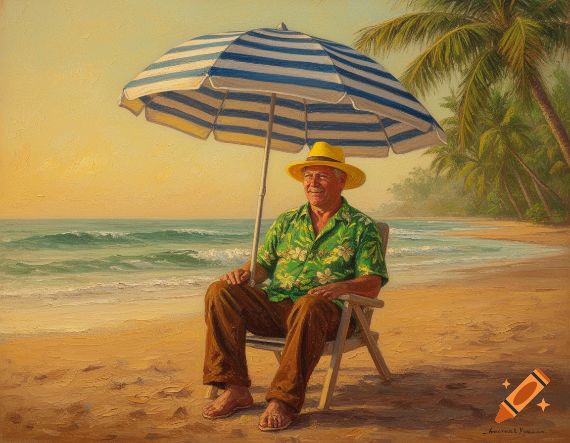 A man in a yellow hat and green Hawaiian shirt sits under a blue and white umbrella on a sandy beach, depicted in an oil painting style.
